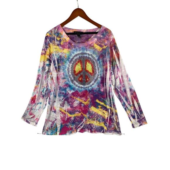 Women's INC Tie-Dye Long Sleeve Peace Graphic Tee Size 2X – Colorful Casual Top - Picture 1 of 8
